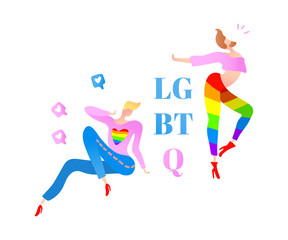 Vector colorful illustration, trendy gay men on heels with LGBTQ text. Flat cartoon style, isolated. Applicable for LGBT , transgender rights concepts etc.