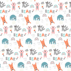 Childish seamless pattern with cute bears. Creative scandinavian style kids texture for fabric, wrapping, textile, wallpaper, apparel.