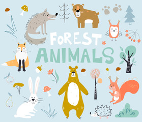 Obraz premium Woodland forest animals cute bear, fox, hedgehogs in the wood. Creative kids scandinavian style.