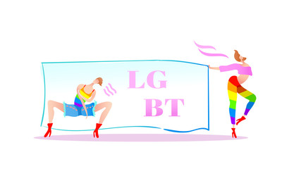 Vector colorful illustration, trendy gay men on heels with table and LGBT text. Flat cartoon style, isolated. Applicable for LGBT, transgender rights concepts etc.