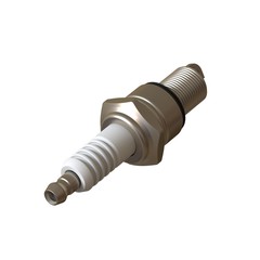 car spark plug used for ignition, Spark plug after use, isolate on white background, made form steel, ceramic, aluminum. 3D rendering of excellent quality in high resolution