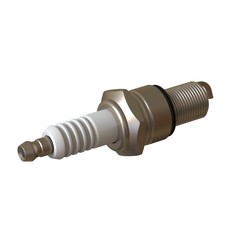 car spark plug used for ignition, Spark plug after use, isolate on white background, made form steel, ceramic, aluminum. 3D rendering of excellent quality in high resolution