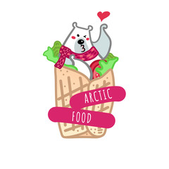 Vector illustration, funny kissing polar bear in the spring roll with tomato and green salad. Line cartoon style, with text. Applicable for arctic food concepts.