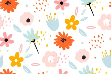 Foto op Plexiglas Pastel Naadloos patroon met creatieve decoratieve bloemen in Scandinavische stijl.