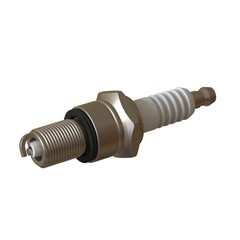 car spark plug used for ignition, Spark plug after use, isolate on white background, made form steel, ceramic, aluminum. 3D rendering of excellent quality in high resolution