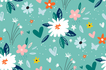 Tuin bloem, planten, botanische, naadloze patroon vector design voor mode, stof, behang en alle prints op groene munt achtergrondkleur.
