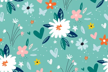 Keuken foto achterwand Bloemenmotief Tuin bloem, planten, botanische, naadloze patroon vector design voor mode, stof, behang en alle prints op groene munt achtergrondkleur.
