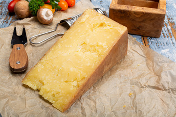 Cheese collection, aged Maniva cheese from Alpine valleys near Mount Maniva, North Italy
