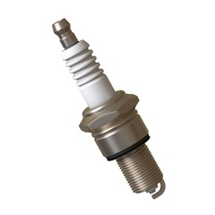 car spark plug used for ignition, Spark plug after use, isolate on white background, made form steel, ceramic, aluminum. 3D rendering of excellent quality in high resolution