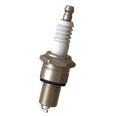 car spark plug used for ignition, Spark plug after use, isolate on white background, made form steel, ceramic, aluminum. 3D rendering of excellent quality in high resolution