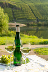 Famous German quality white wine riesling, produced in Mosel wine regio from white grapes growing on slopes of hills in Mosel river valley in Germany