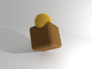 furry Sphere balancing on furry cube, 3D Rendering