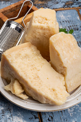 Cheese collection, hard italian cheese, aged parmesan and grana padano cheese