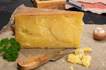 Cheese collection, aged Maniva cheese from Alpine valleys near Mount Maniva, North Italy