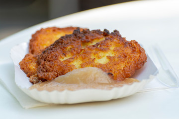 German vegetarian food, fresh baked potato pancakes with apple mousse