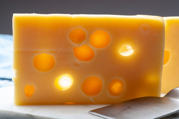 Two blocks of French emmental semi-hard cheese