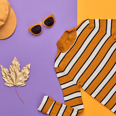 Autumn Arrives. Fashion Lady Clothes fall Outfit. Trendy orange dress, Stylish sunglasses, Glamour...