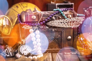 Treasure chest standing on wooden table