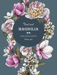 Floral greeting card with bouquet of watercolor magnolia, peonies and apple blossom