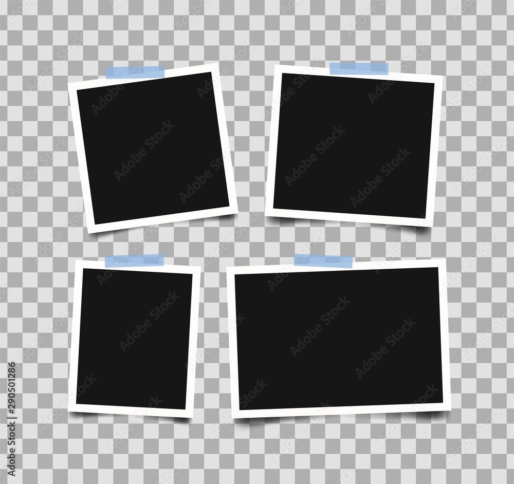 Poster Set of empty photo frames with adhesive tape isolated on transparent background. Vintage style. Realistic vector mockups. Retro photo frame template for your photos.