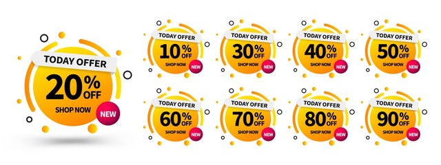 Naklejka premium Sale tags set vector badges template, up to 10, 20, 90, 80, 30, 40, 50, 60, 70 percent off. Templates ready for use in web or print design.