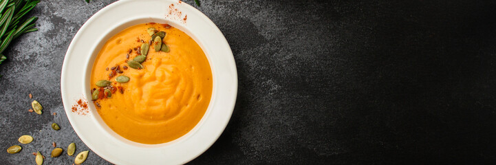 pumpkin soup (first course, delicious vegetable vitamin food) menu concept. food background. copy space. Top view