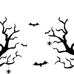 dry trees with bats flying and spiders