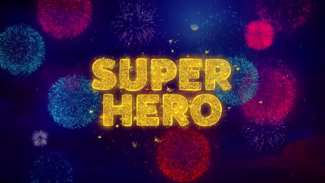 Super Hero Text on Colorful Firework Explosion Particles. Sale, Discount Price, Off Deals, Offer promotion offer percent discount ads 4K Loop Animation.