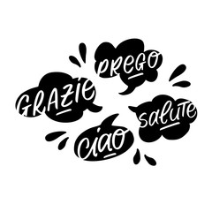 Vector handdrawn speech bubble black and white set with italian handwritten words.