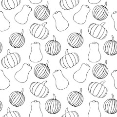 Vector seamless pattern with hand drawn outline pumpkins. Garden vegetable background. Template for fabric, wrapping paper, harvest festival or halloween decoration. Contour image