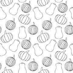 Vector seamless pattern with hand drawn outline pumpkins. Garden vegetable background. Template for fabric, wrapping paper, harvest festival or halloween decoration. Contour image