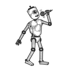 Robot singer vocalist with microphone sketch engraving vector illustration. Tee shirt apparel print design. Scratch board style imitation. Black and white hand drawn image.