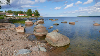 View on the great erratic boulders and stone fields on the coast near Käsmu on the Baltic sea in Estonia. Käsmu is located on the on a  peninsula and  is part of the Lahemaa National Park.