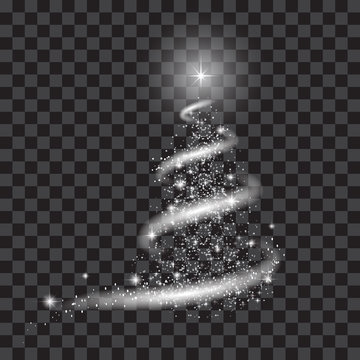 Template for New Year or Christmas project, snow, stars, New Year tree, blizzard. Black and white vector image with transparency.
