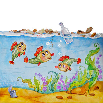 Fish under water. Environmental problems for children. © AnnA