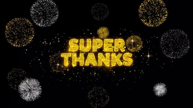 Super Thanks Text Reveal on Glitter Golden Particles Firework. Sale, Discount Price, Off Deals, Offer promotion offer percent discount ads 4K Loop Animation.