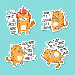 Set of funny stickers with a cute red cat and funny quotations. Lazy, angry, happy, drinking cat character. - 290506002