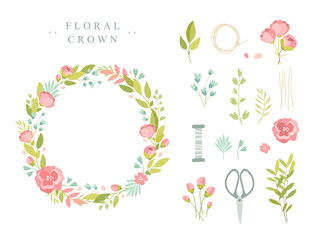 Vector cute illustration. Hand made. Make your own crown. Material for creativity. Green plants, wreath, flower crown, frame, botany, leaves, flowers, elements