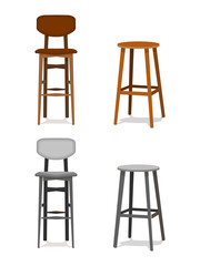 Vector set ocher, brown wooden and melallic bar stools with leather seats front view isolated on white background EPS