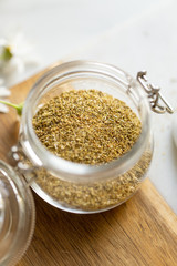 chamomile tea on marble background with copy space. Relax concept