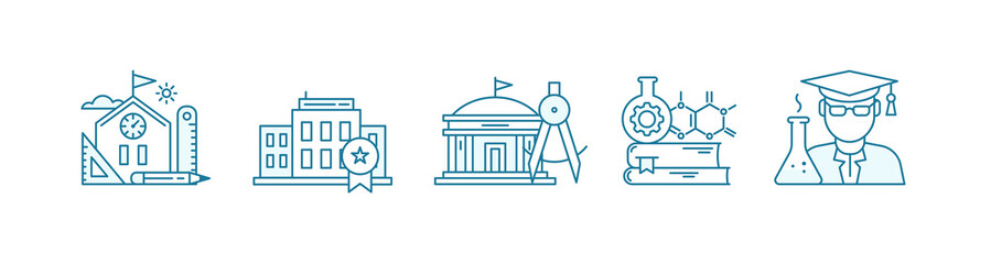 Education science icon set. School, college and university. Bachelor, student. Stages of education. Outline contour blue line.