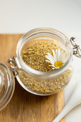 chamomile tea on marble background with copy space. Relax concept