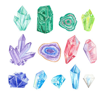 Watercolor colorful crystals and gems isolated on white background.
