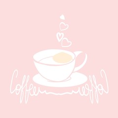Cup of coffee drawing, on a pale pink background, printed page design and lettering for coffee house advertising, vector clip art