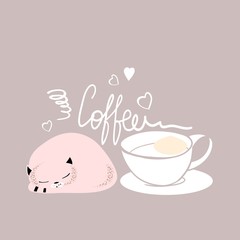 Coffee Time, coffee and cat, design on a pink background, for cafe advertising, in vector
