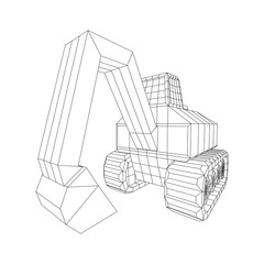 Excavator heavy equipment construction company. Wireframe low poly mesh vector illustration