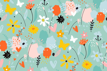 Seamless pattern with flowers, branches, leaves. Creative floral texture. Creative scandinavian kids texture for fabric, wrapping, textile, wallpaper.