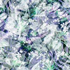 Tropical leaves. Watercolor leaves of a tree, palms, bamboo, nettle, abstract splash. Watercolor abstract seamless background, pattern, spot, splash of paint, branch with berry, color. Tropic pattern.