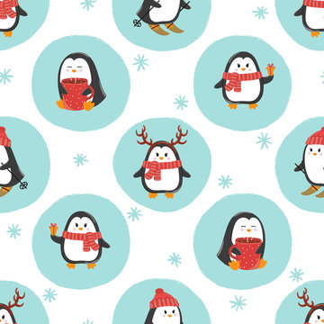 Cute cartoon penguins seamless pattern. Merry Christmas greetings. Wrapping paper design.