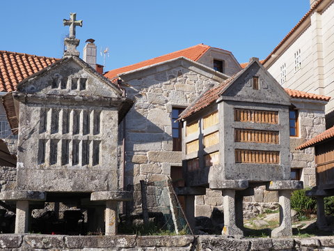 Horreos, a traditional galician granary in european fishing village of Combarro at Pontevedra in Spain